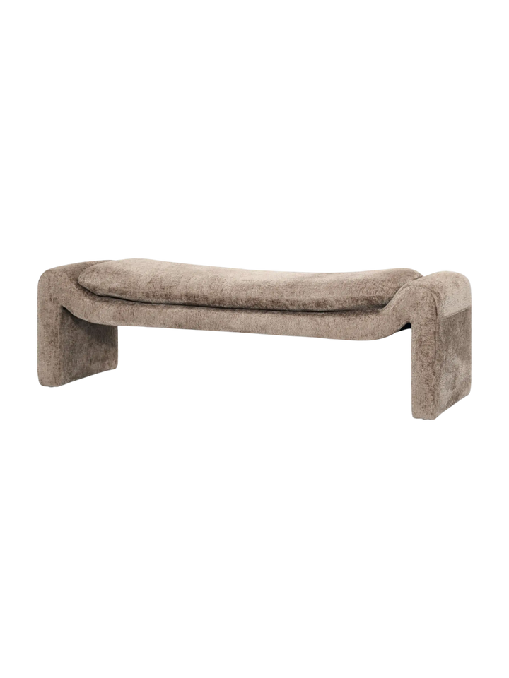 Banc CASCADE rembourré avec assise confortable et base en bois. Idéal pour entrée ou chambre. Aucun assemblage requis. Maison Olive.