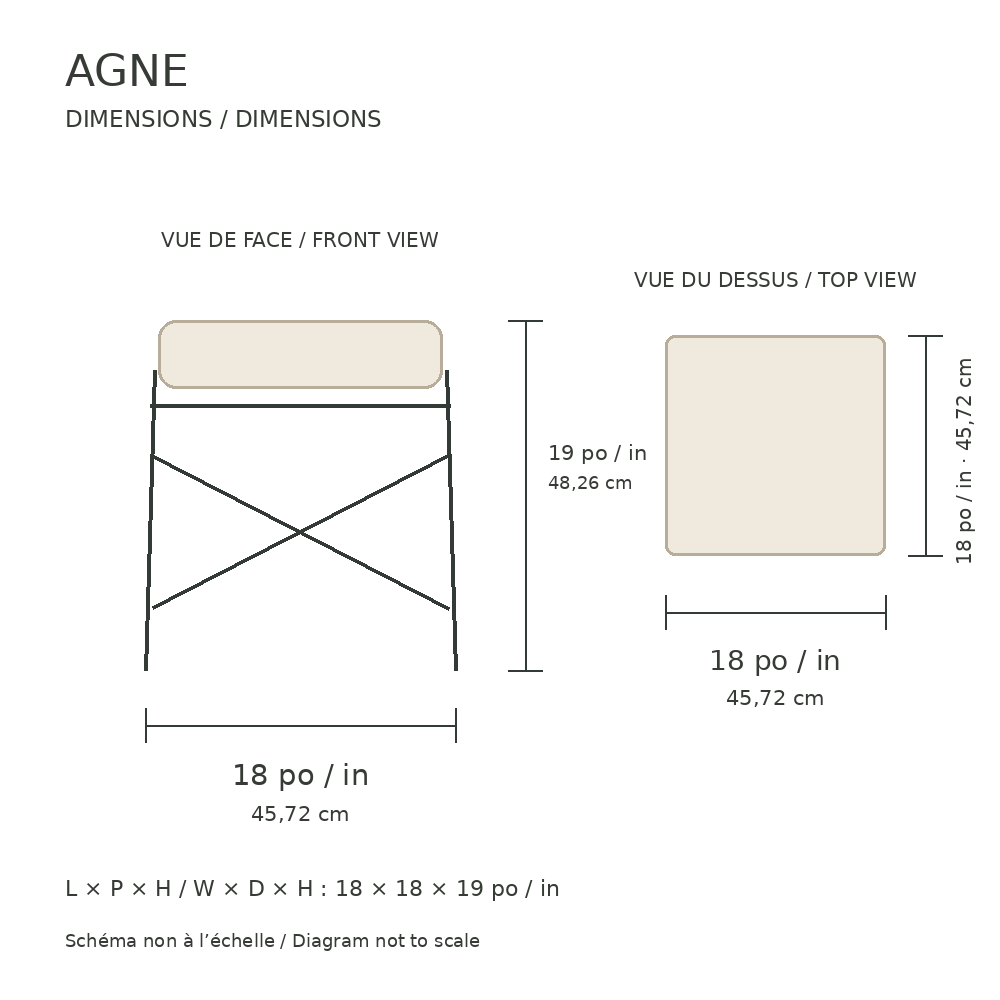 Schéma des dimensions générales du tabouret AGNE : 18 × 18 × 19 po