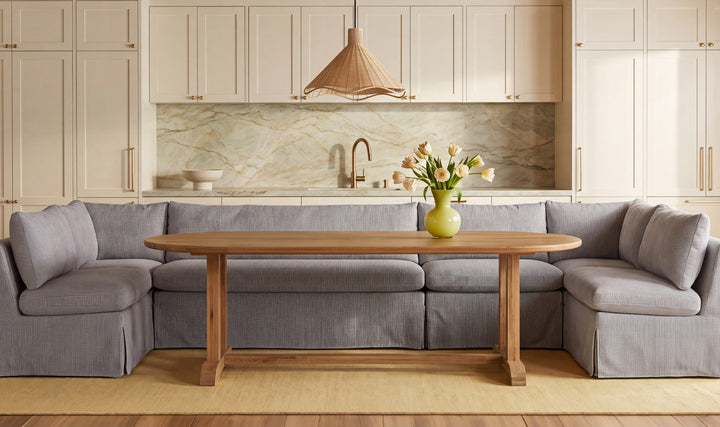 BRIGHTON 84-inch table in a dining nook with bench seating