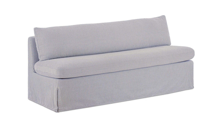 Banquette de salle à manger FABLE à rayures bleu marine, vue de trois quarts