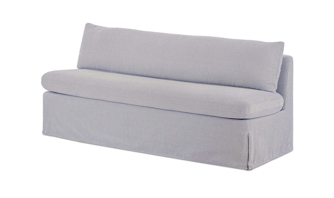 Banquette de salle à manger FABLE à rayures bleu marine, vue de trois quarts