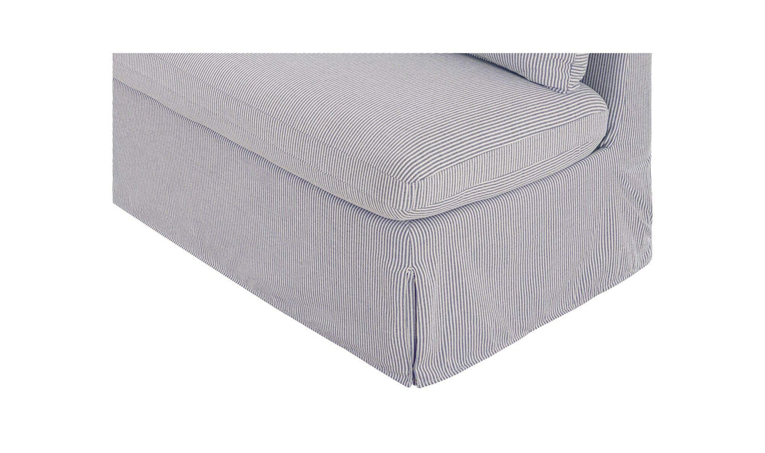 Banquette de salle à manger FABLE à rayures bleu marine, détail des coussins et de la housse