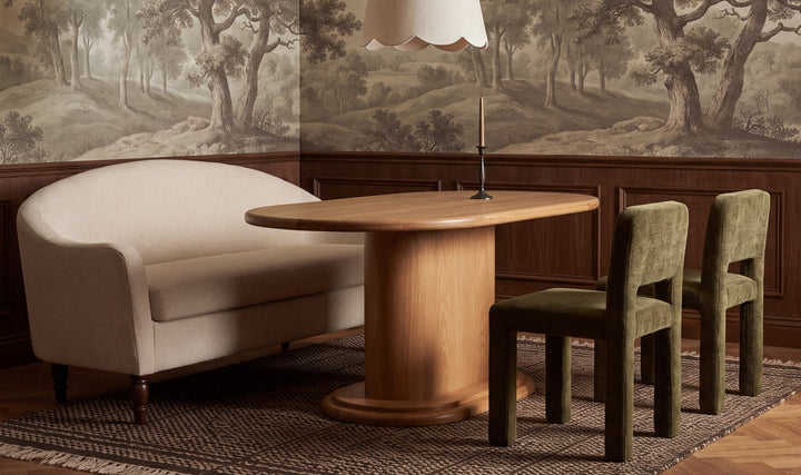 GENEVA heritage beige dining settee, in a dining room