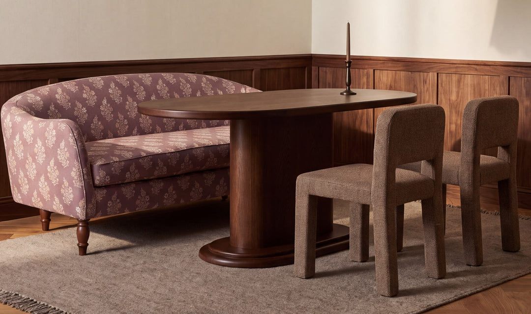 GENEVA dark mauve floral dining settee, in a dining room