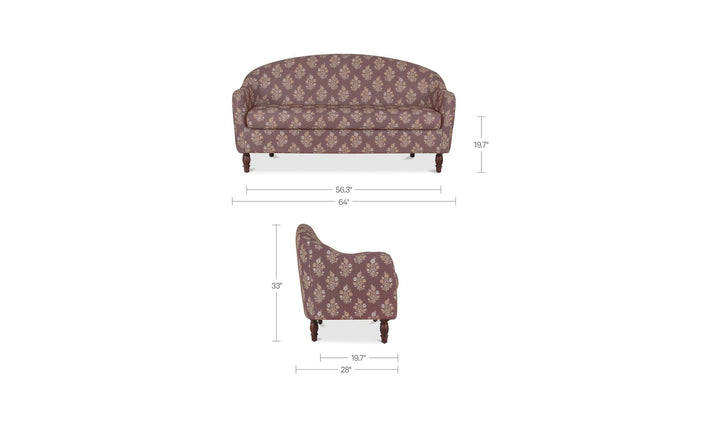 GENEVA dark mauve floral dining settee, dimension diagram