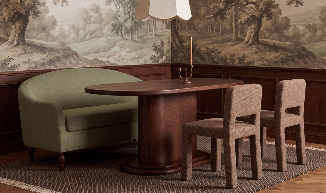 GENEVA sage green dining settee, in a dining room