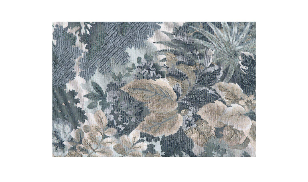 Ottoman de rangement HEIDI tapisserie bleue, gros plan du tissu tapisserie bleu et vert