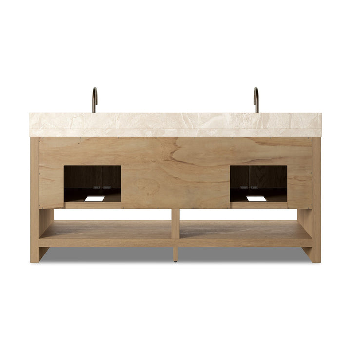 Maison Olive ANTHEM vanité double en chêne naturel avec dessus en marbre et robinets en laiton.