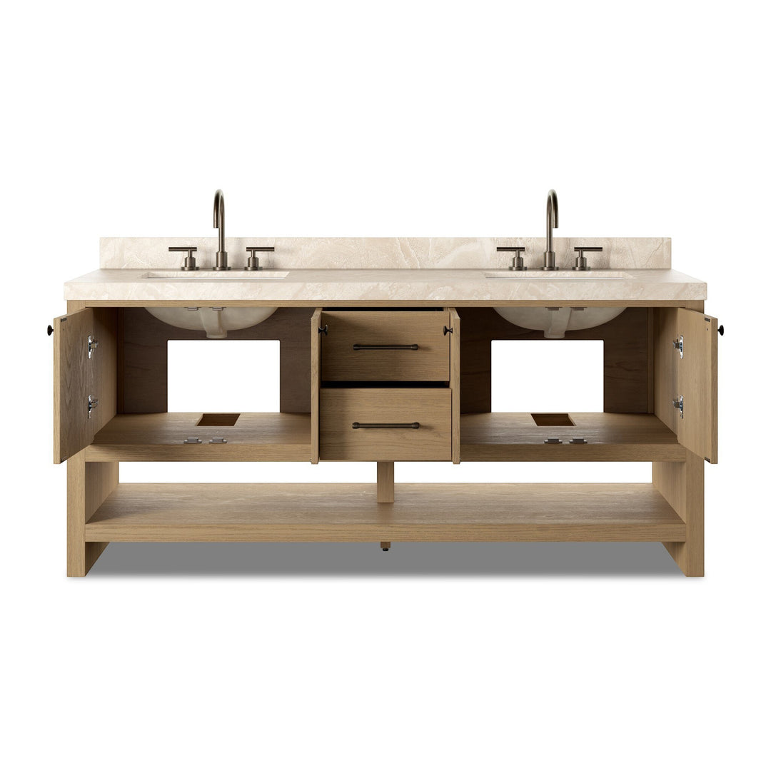 Maison Olive ANTHEM vanité double en chêne naturel avec dessus en marbre et robinetterie en laiton.
