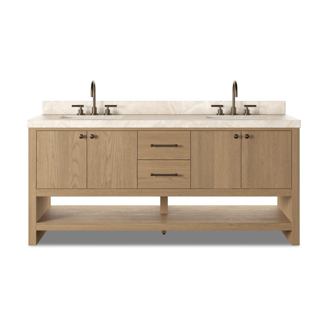 Maison Olive ANTHEM vanité double en chêne naturel avec dessus en marbre Carrara et robinets en laiton