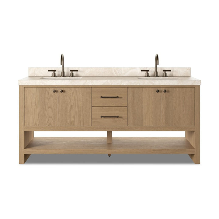Maison Olive ANTHEM vanité double en chêne naturel avec dessus en marbre Carrara et robinets en laiton