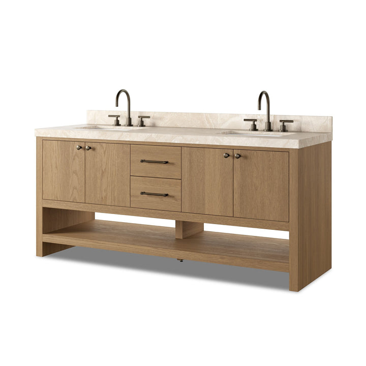 Maison Olive ANTHEM vanité double en chêne naturel avec dessus en marbre et robinetterie en laiton.