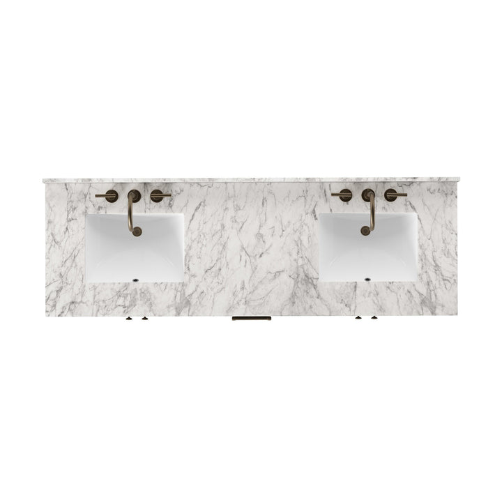 Maison Olive ANTHEM vanité double en marbre blanc avec deux éviers blancs et robinetterie en laiton vieilli.