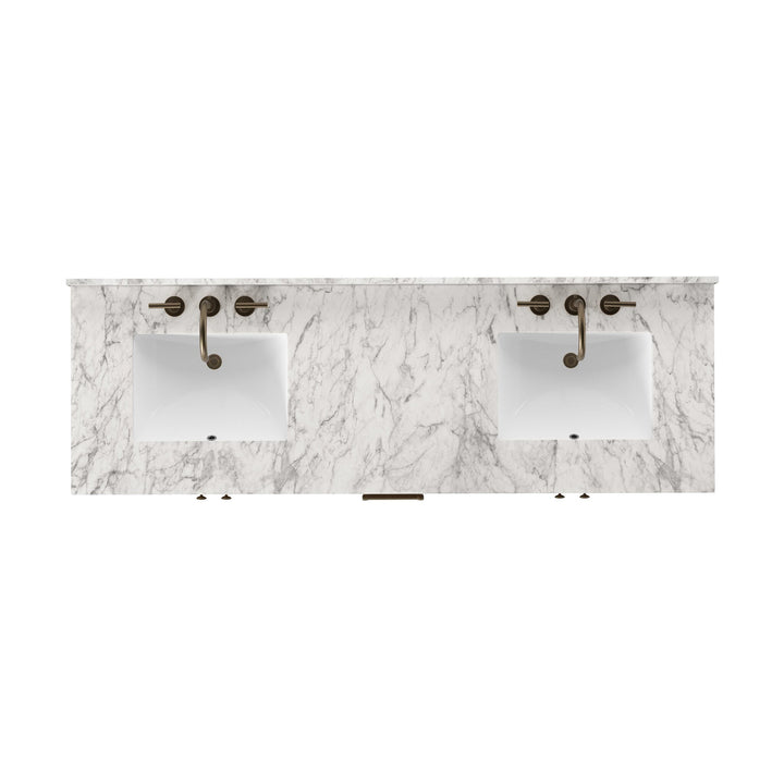 Maison Olive ANTHEM vanité double en marbre blanc et chêne avec robinets en laiton et éviers blancs.