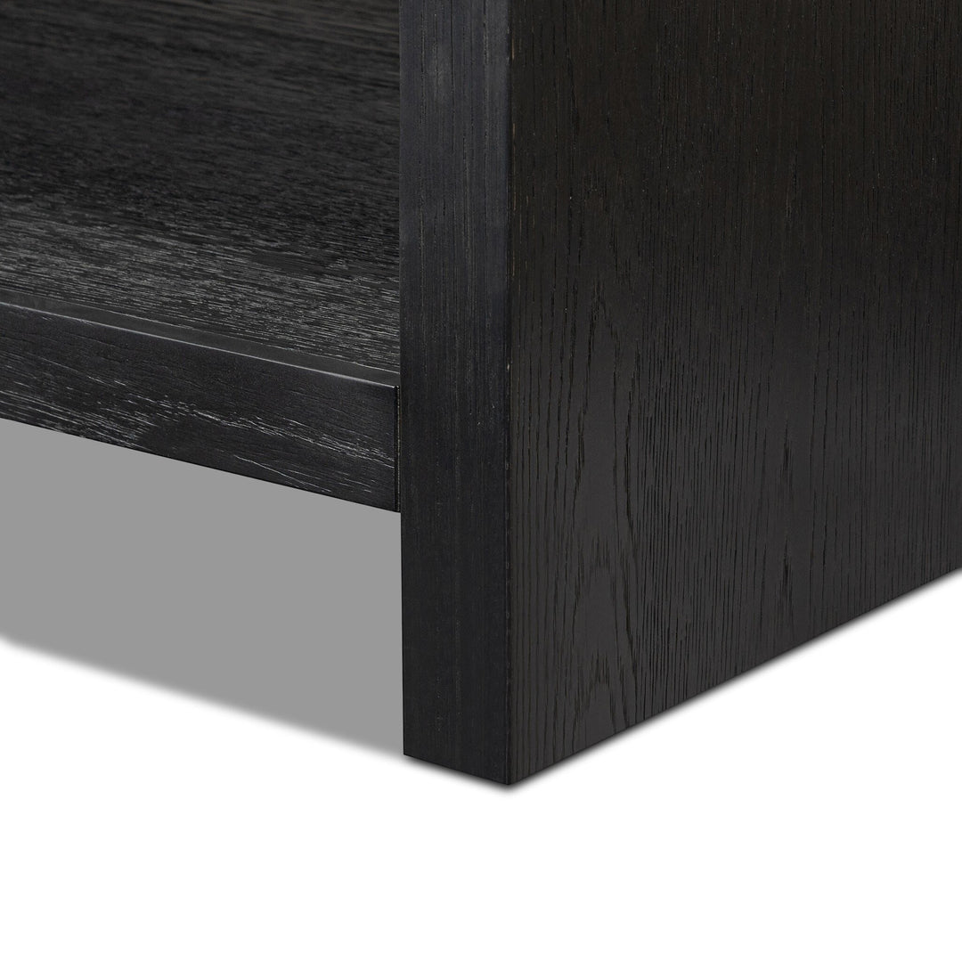 Maison Olive ANTHEM vanité double en chêne massif noir avec dessus en marbre Carrara et quincaillerie en laiton.
