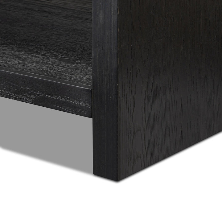 Maison Olive ANTHEM vanité double en chêne massif noir avec dessus en marbre Carrara et quincaillerie en laiton.