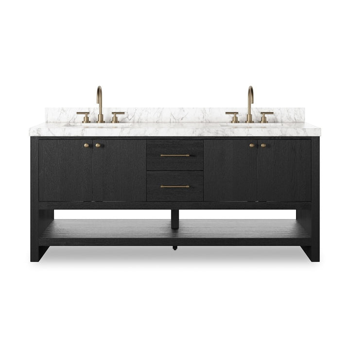 Maison Olive ANTHEM vanité double noire en chêne avec dessus en marbre et robinetterie en laiton