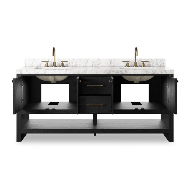 Maison Olive ANTHEM vanité double noire en chêne avec dessus en marbre Carrara et robinetterie en laiton.