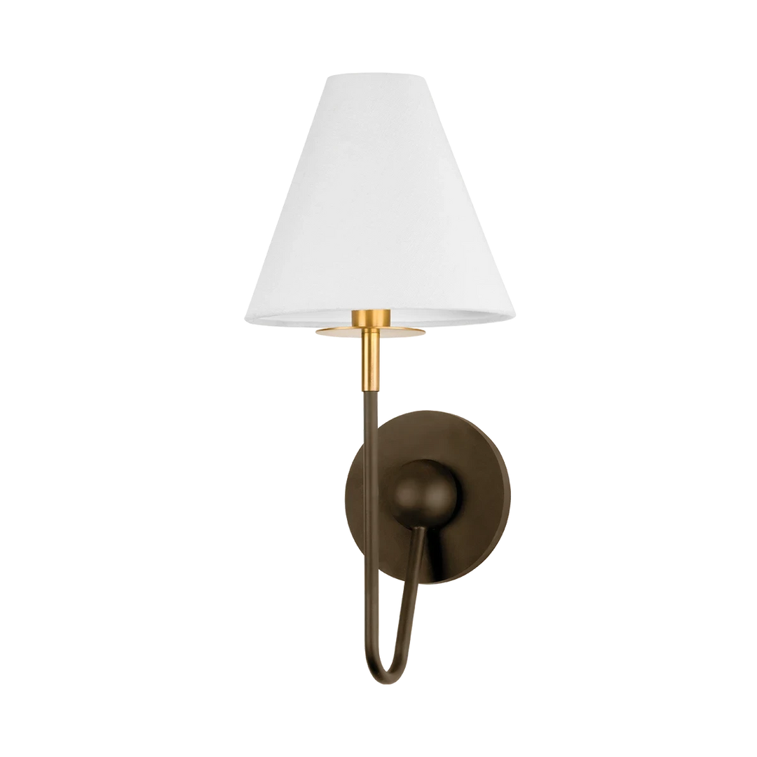 Applique murale Maison Olive avec abat-jour blanc, bras en métal bronze foncé et détails en laiton doré.