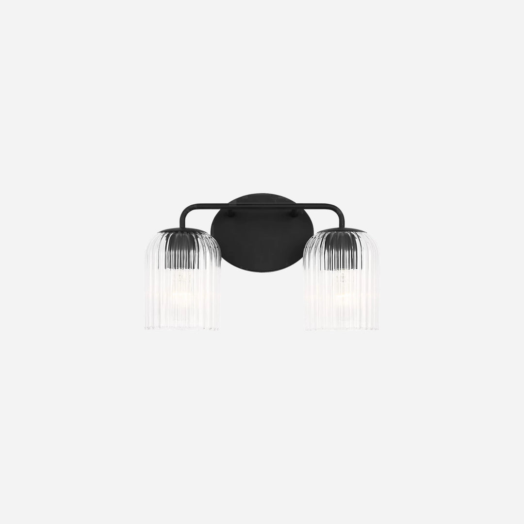 Applique murale double Maison Olive Eisele avec support noir et deux abat-jours cylindriques en verre strié transparent