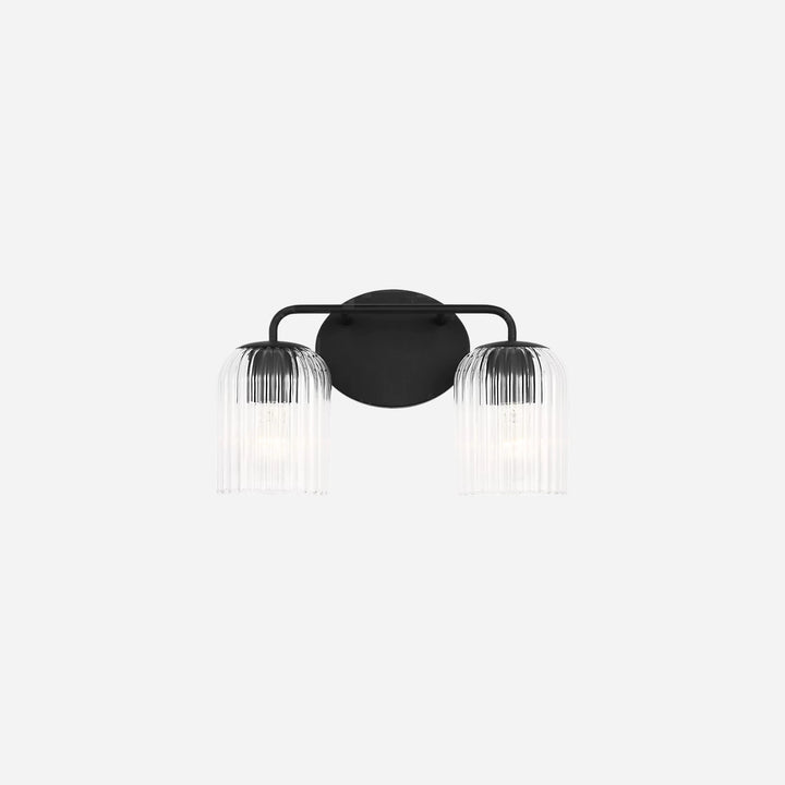 Applique murale double Maison Olive Eisele avec support noir et deux abat-jours cylindriques en verre strié transparent
