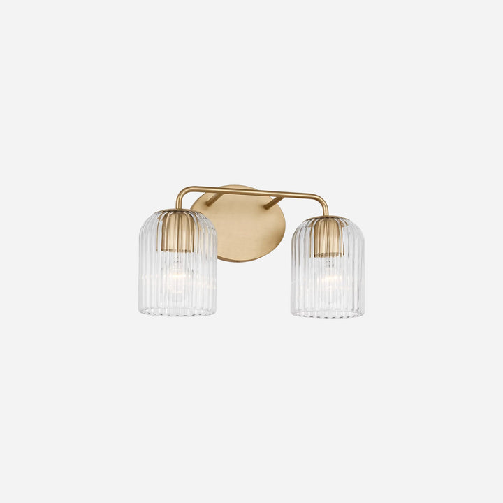 Applique murale double Maison Olive en métal brossé doré avec deux abat-jours cylindriques en verre strié transparent