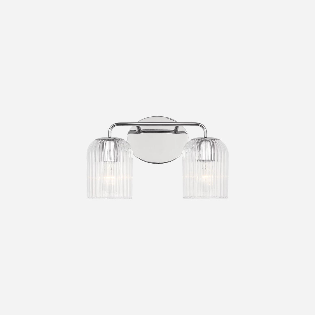 Applique murale double Maison Olive avec support en métal brossé et deux abat-jours en verre strié transparent
