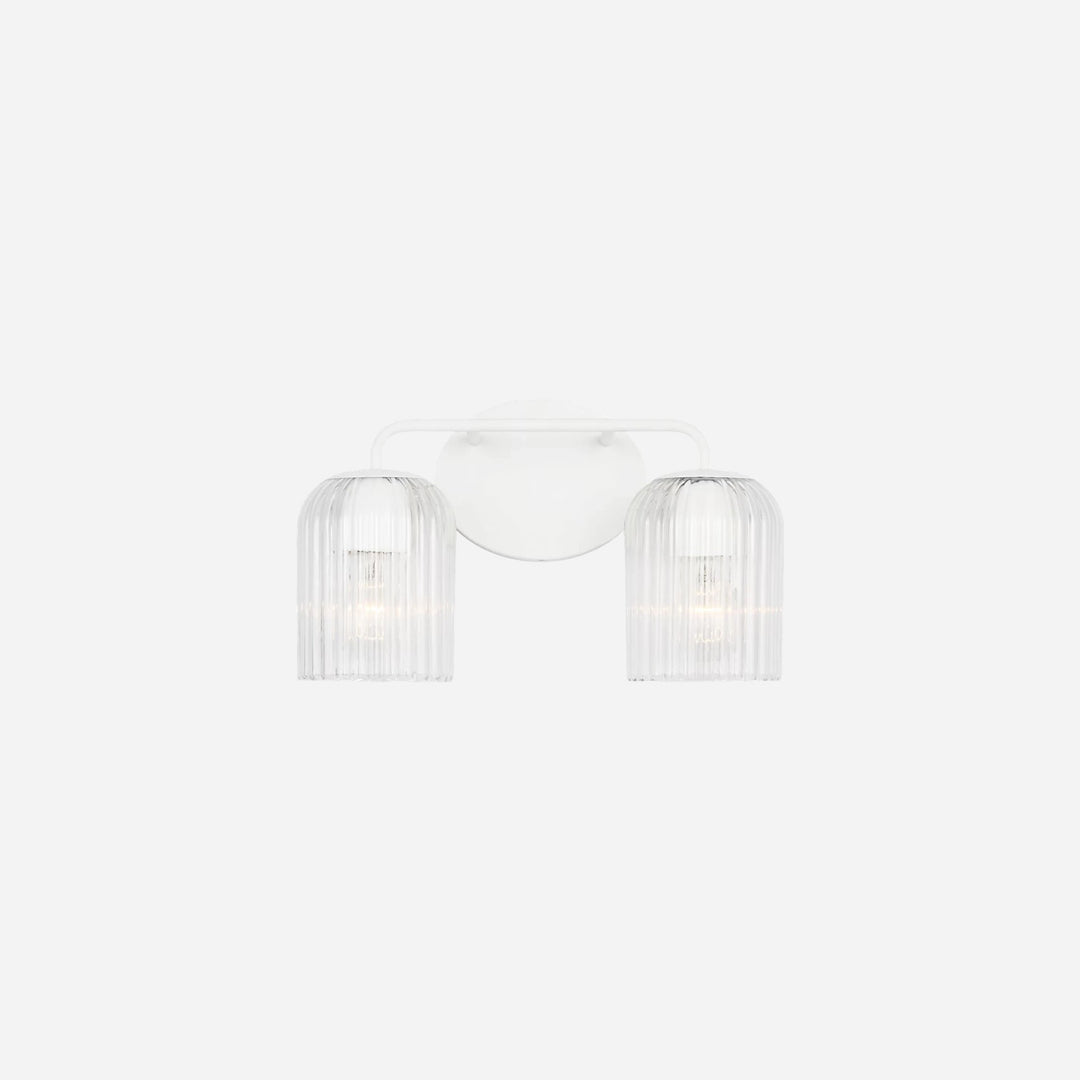 Applique murale double Maison Olive avec support blanc et deux abat-jours cylindriques en verre strié transparent