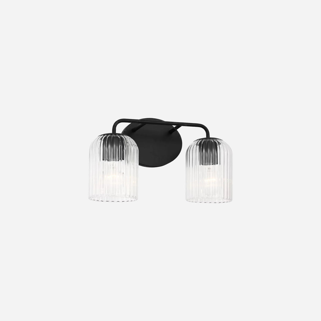 Applique murale double Maison Olive avec support noir et deux abat-jours cylindriques en verre strié transparent