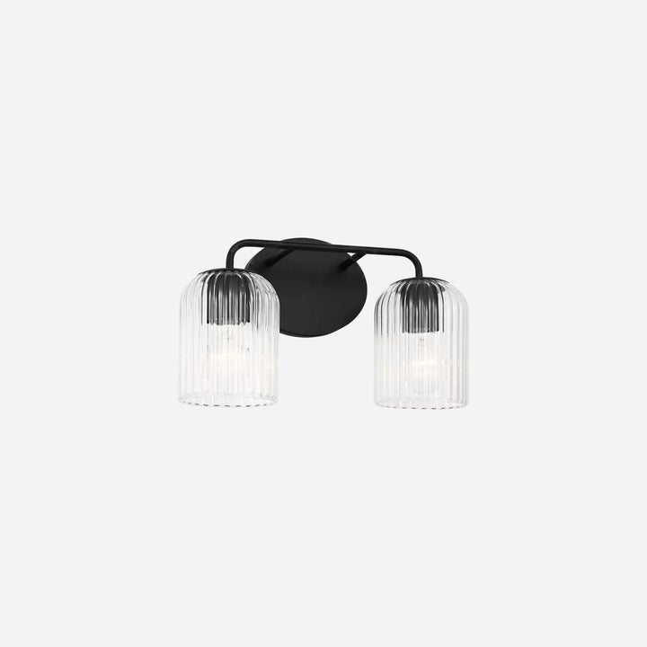 Applique murale double Maison Olive avec support noir et deux abat-jours cylindriques en verre strié transparent