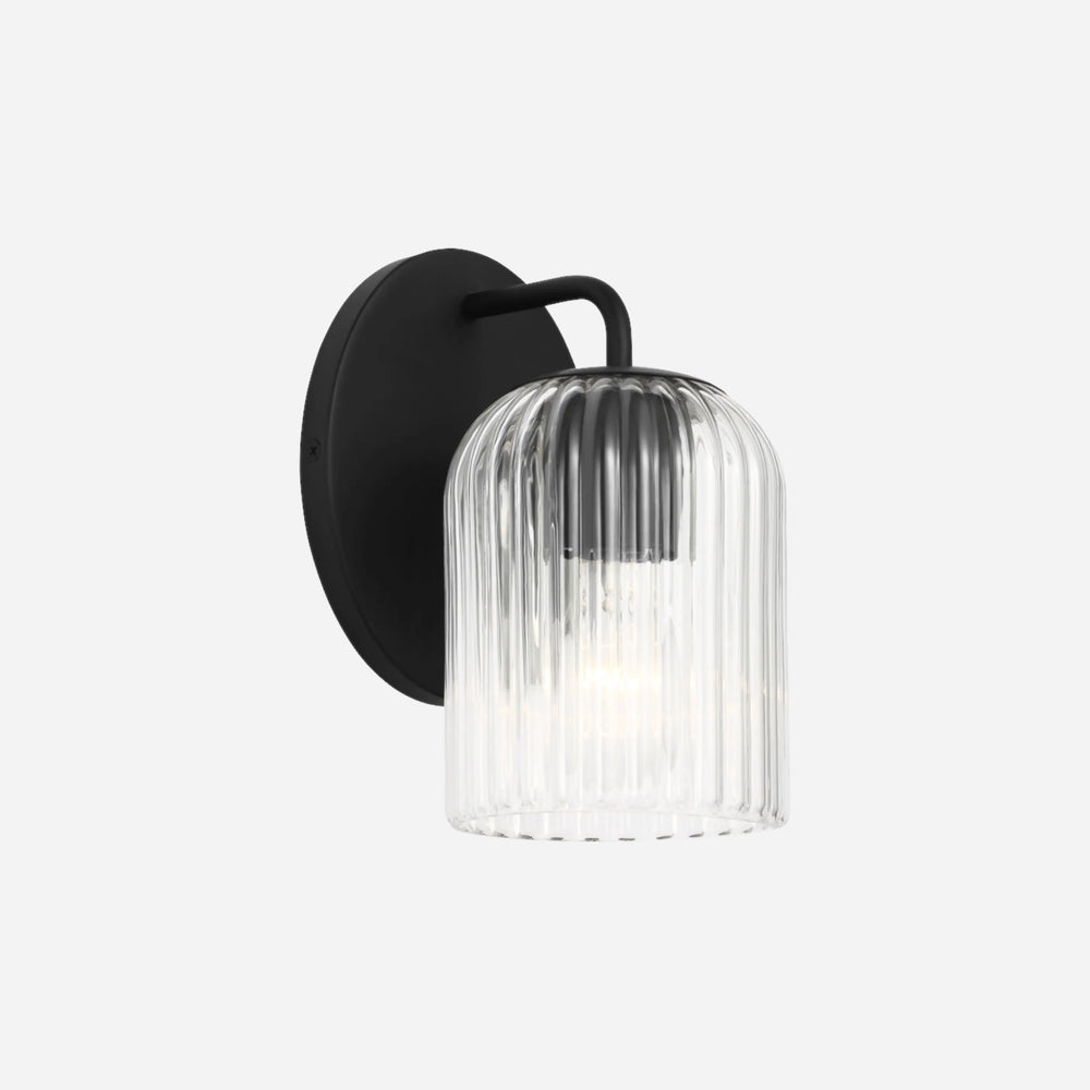 Applique murale Maison Olive EISELE avec support noir mat et abat-jour en verre cannelé transparent