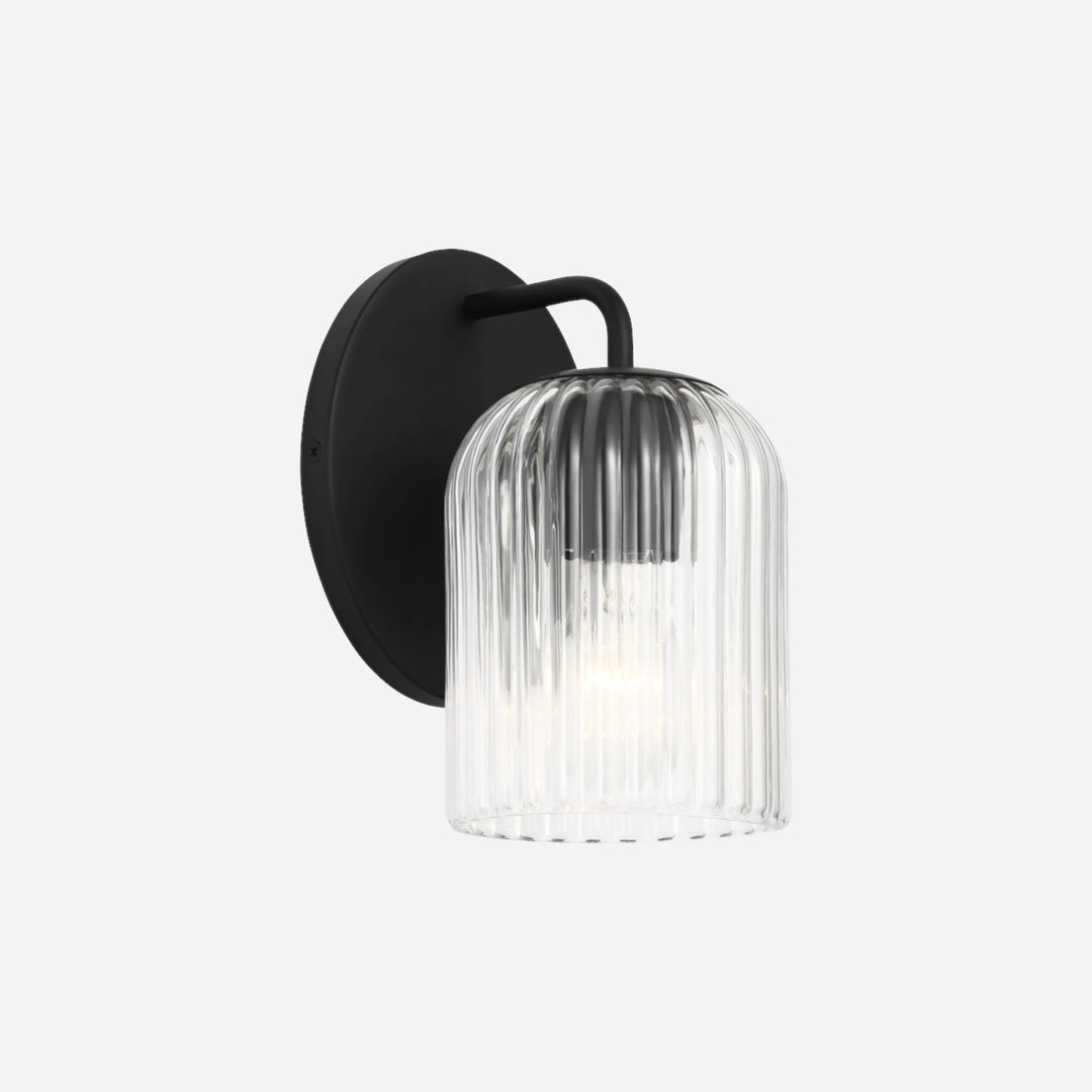 Applique murale Maison Olive EISELE avec support noir mat et abat-jour en verre cannelé transparent