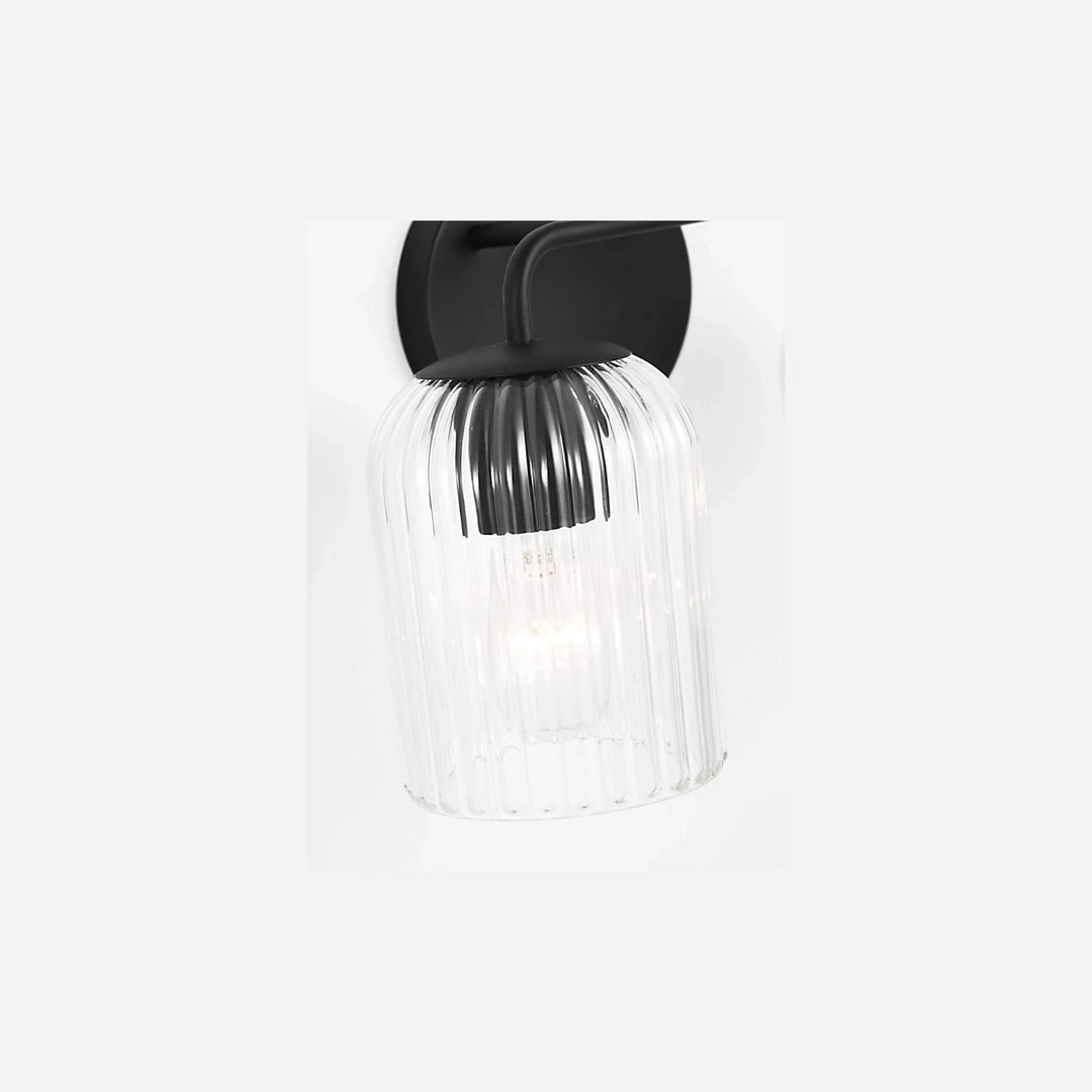 Applique murale double Maison Olive avec support noir et abat-jour cylindrique en verre strié transparent