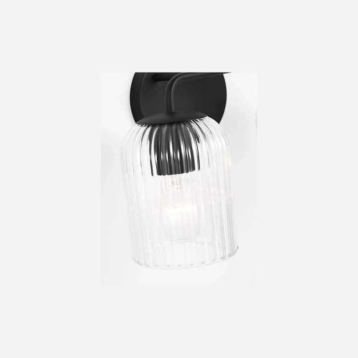 Applique murale double Maison Olive avec support noir et abat-jour cylindrique en verre strié transparent