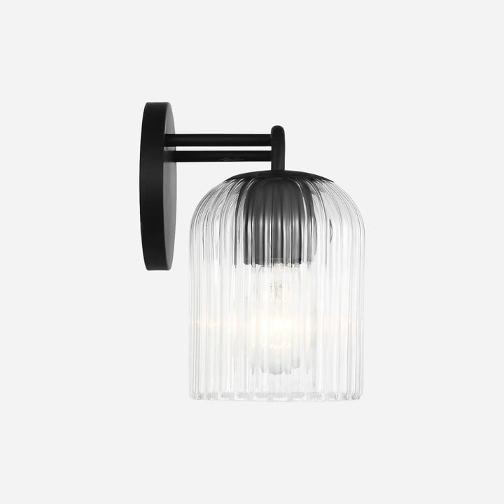 Applique murale Maison Olive avec support noir mat et abat-jour cylindrique en verre strié transparent