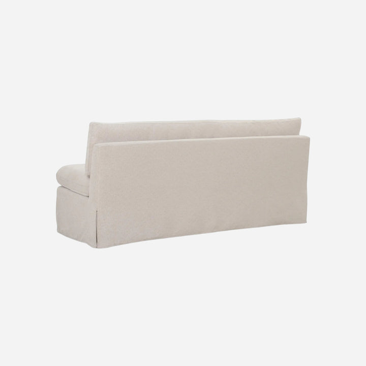 Banquette de salle à manger Maison Olive FABLE en tissu beige texturé avec jupe, vue arrière sur fond blanc.