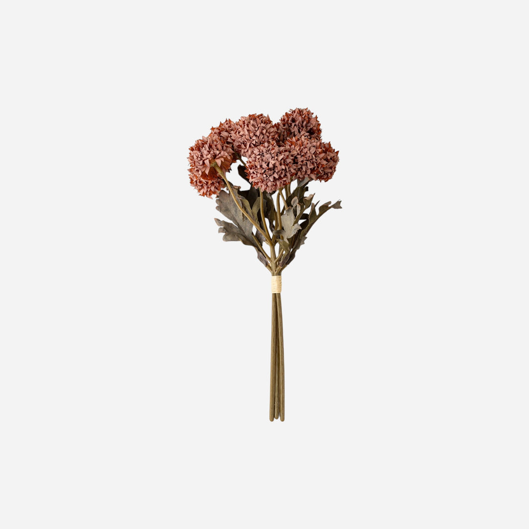 Bouquet de fleurs artificielles Maison Olive Morandi Bloom mauve aux nuances terreuses sur fond beige