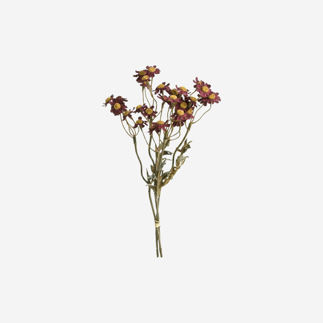 Bouquet de camomille Maison Olive aux fleurs bordeaux et cœurs jaunes, idéal pour une décoration champêtre artificielle