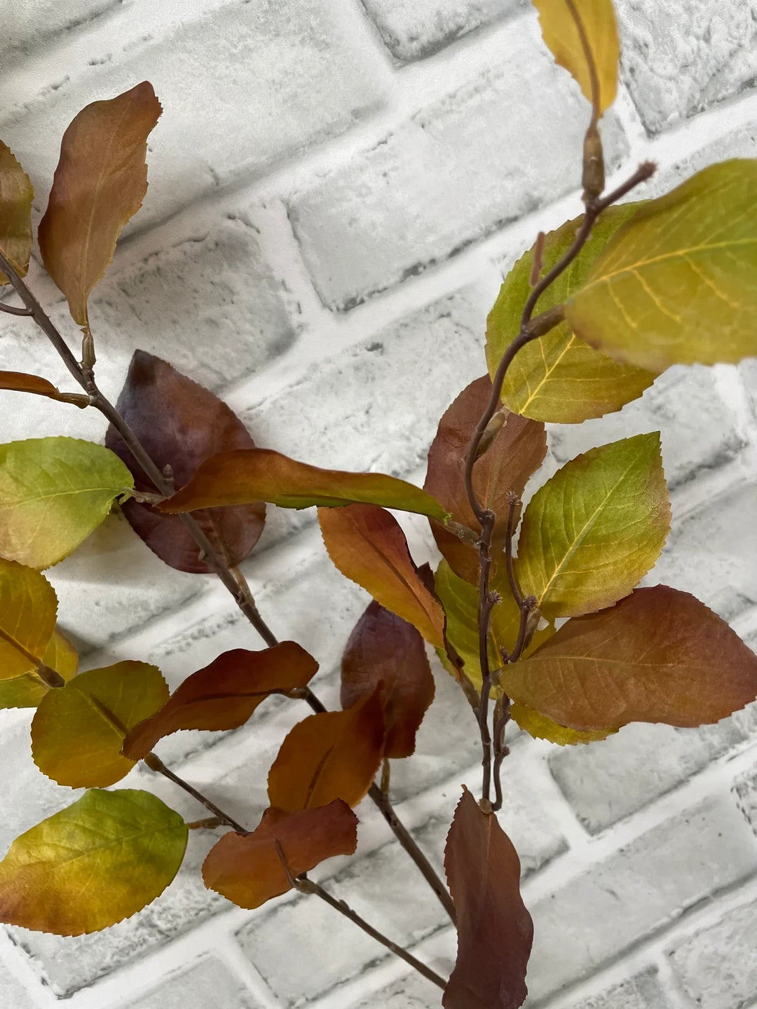 Branche artificielle Maison Olive avec feuilles aux teintes automnales vert, brun et rouille sur fond de briques