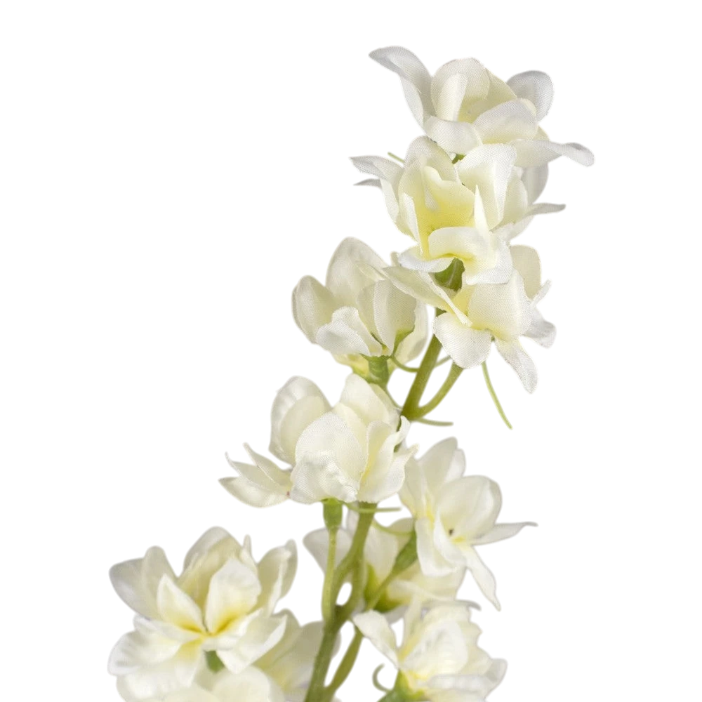 Maison Olive Branche de delphinium artificielle blanc avec de multiples petites fleurs, idéale pour la décoration intérieure.