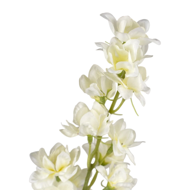 Maison Olive Branche de delphinium artificielle blanc avec de multiples petites fleurs, idéale pour la décoration intérieure.