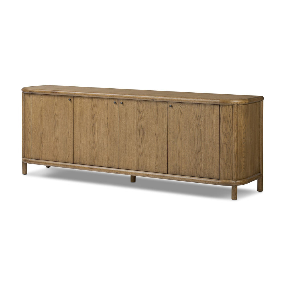 Buffet en chêne clair Maison Olive avec 5 portes et pieds discrets, finition bois naturel, style moderne.