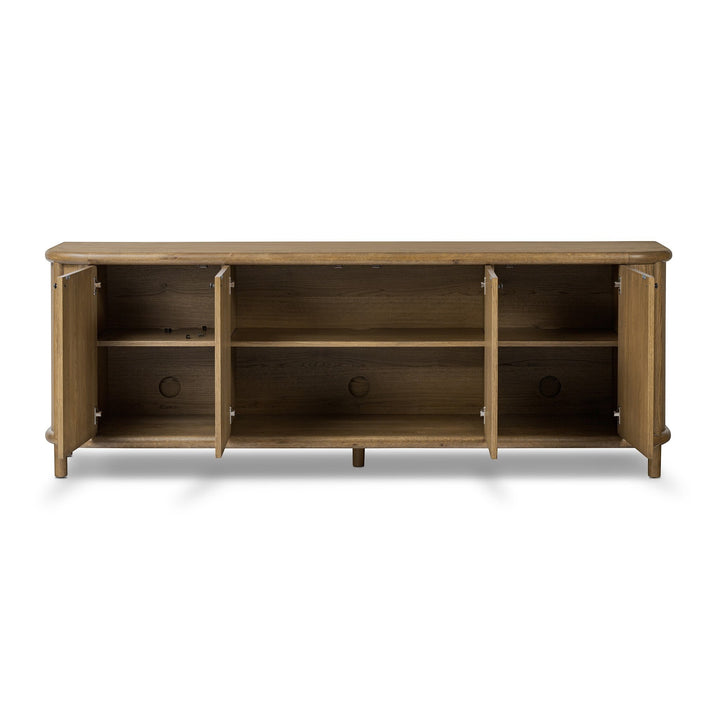 Buffet FLORENT en chêne de Maison Olive avec 4 portes et étagères, finition bois chaleureuse, style moderne.