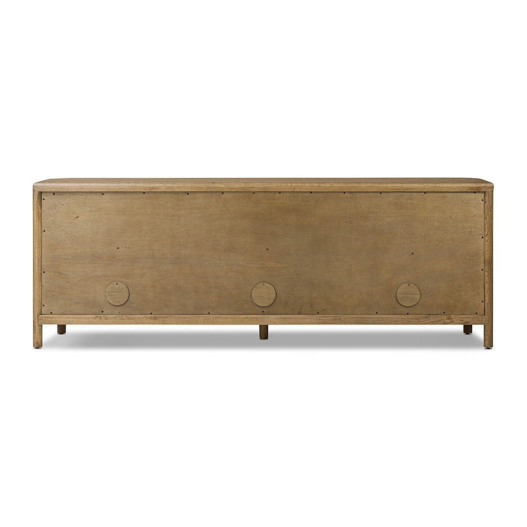 Buffet FLORENT en chêne de Maison Olive, finition bois naturel, avec cadre cylindrique et passe-câbles discrets.