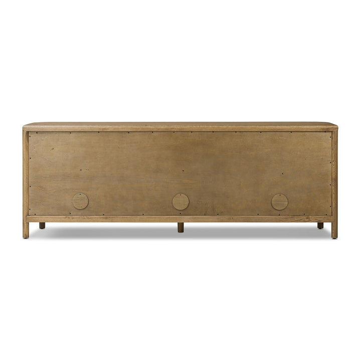 Buffet FLORENT en chêne de Maison Olive, finition bois naturel, avec cadre cylindrique et passe-câbles discrets.
