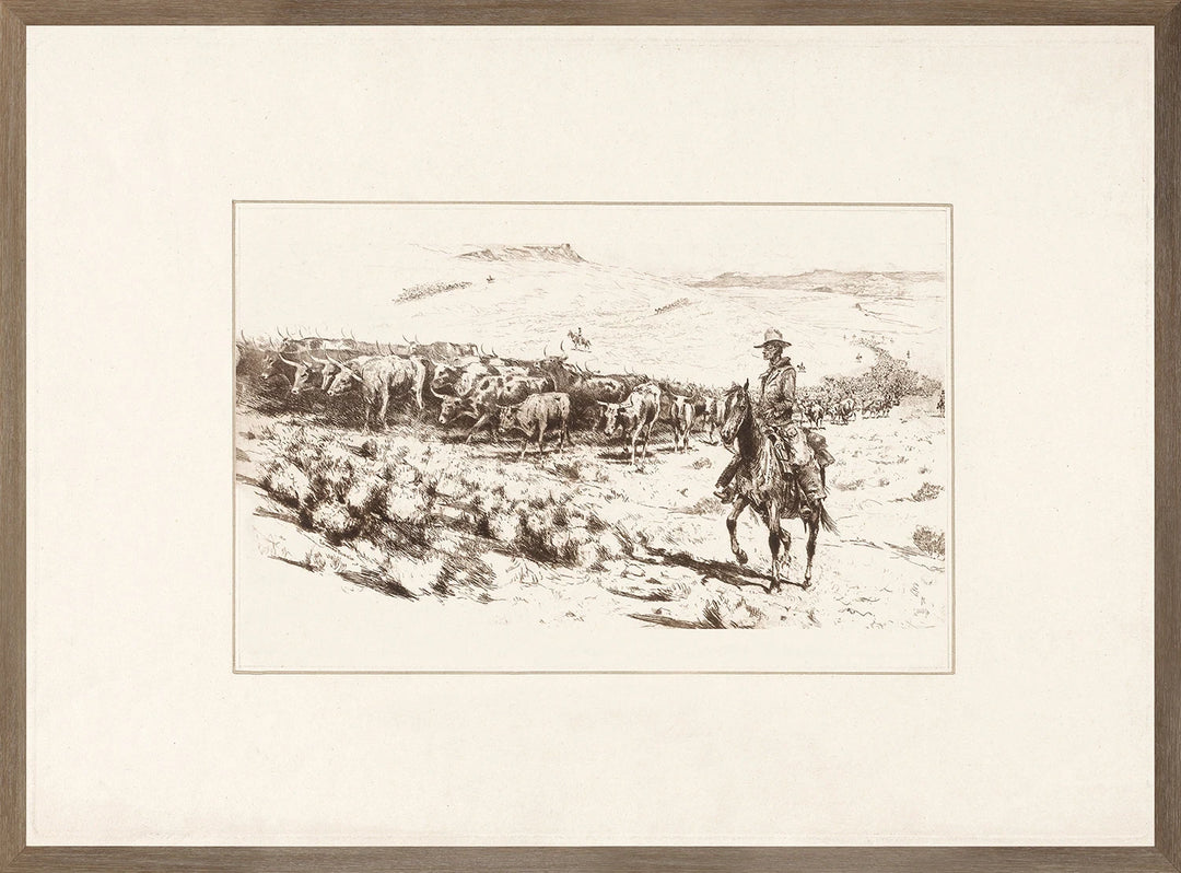 Cadre en bois brun Maison Olive avec une gravure de cow-boy et troupeau, style classique et élégant.