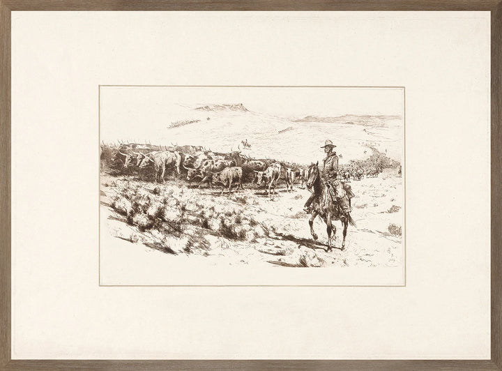 Cadre en bois brun Maison Olive avec une gravure de cow-boy et troupeau, style classique et élégant.