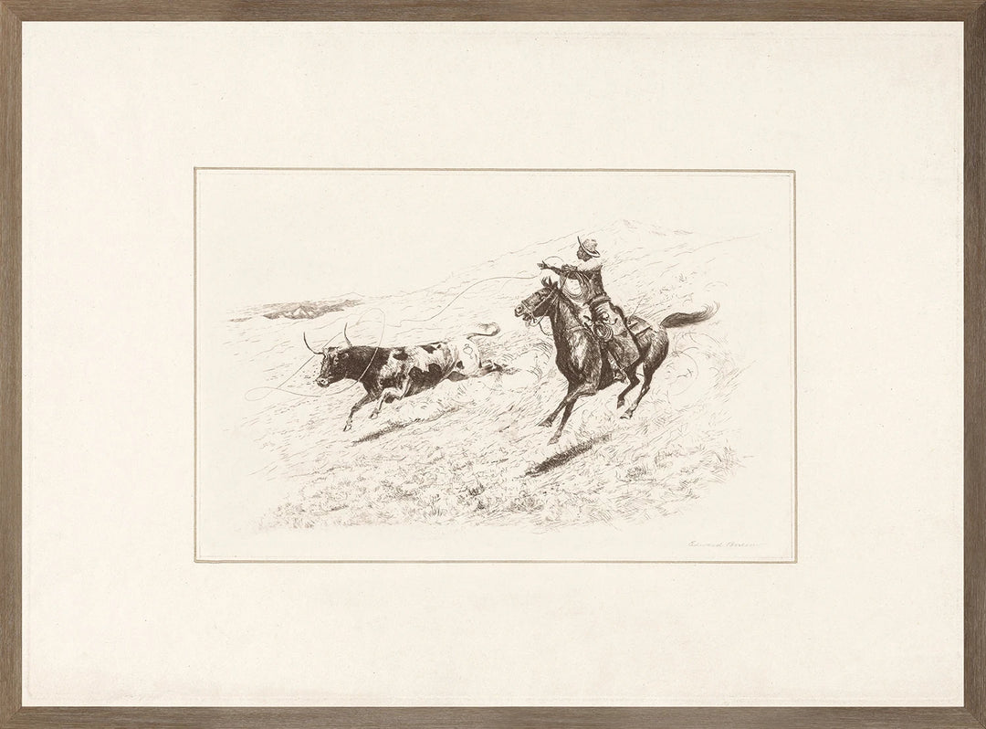 Cadre mural Maison Olive en bois texturé encadrant une gravure vintage de cowboy à cheval poursuivant un taureau.