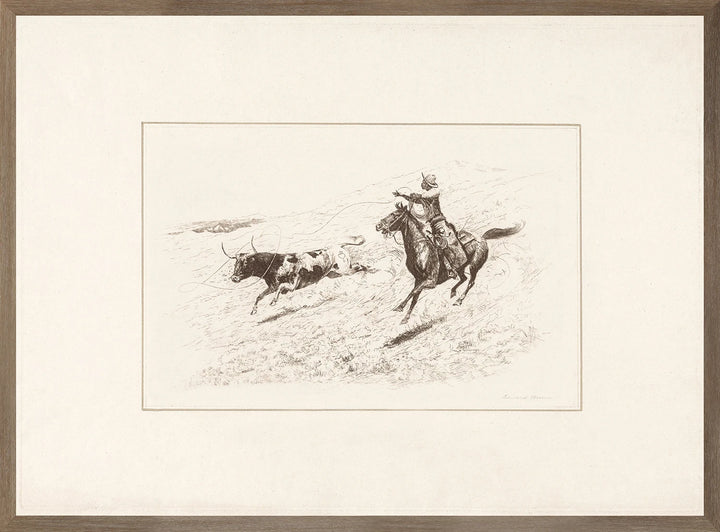 Cadre mural Maison Olive en bois texturé encadrant une gravure vintage de cowboy à cheval poursuivant un taureau.