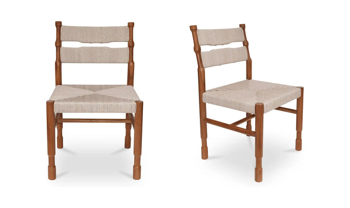 Maison Olive chaise en bois de teck et corde naturelle, assise tressée, dossier ajouré, style bohème chic.